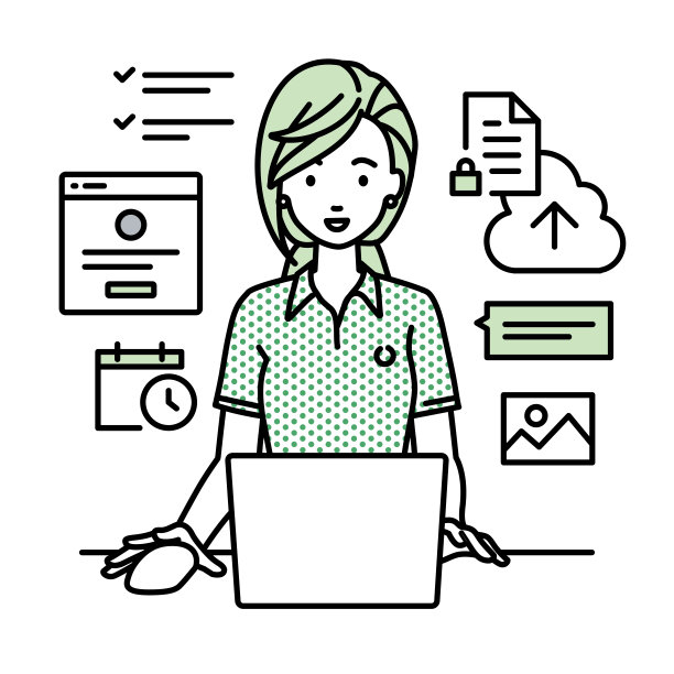 一个穿着polo衫的女人正在她的办公桌上使用笔记本电脑浏览网站、进行研究、在云上共享文件、安排日程、管理项目、组织任务以及与团队沟通图片下载