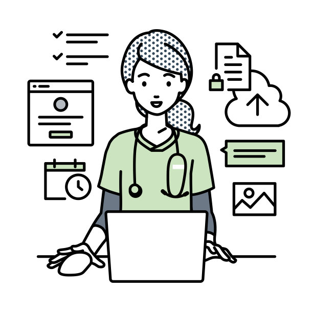 一位女护士在她的办公桌上用笔记本电脑浏览网站、搜索资料、在云端共享文件、安排日程、管理项目、组织任务以及与团队沟通图片下载