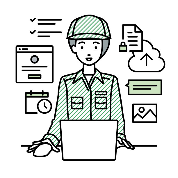 一名蓝领女性使用笔记本电脑浏览网站、进行研究、在云端共享文件、安排日程、管理项目、组织任务以及与团队沟通图片下载