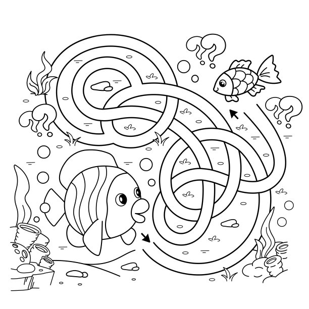 迷宫或迷宫游戏。谜题。错综复杂的道路。卡通鱼的着色页大纲。水下世界。儿童填色书。图片下载