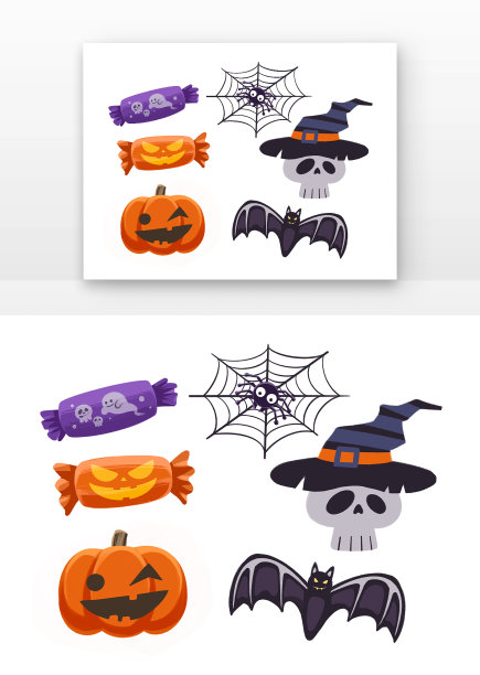 糖果巫师帽骷髅头蝙蝠蜘蛛万圣节元素组合图片下载
