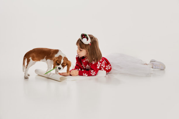 美丽的小女孩的肖像，儿童摆姿势与狗孤立在白色的工作室背景。写的信图片下载