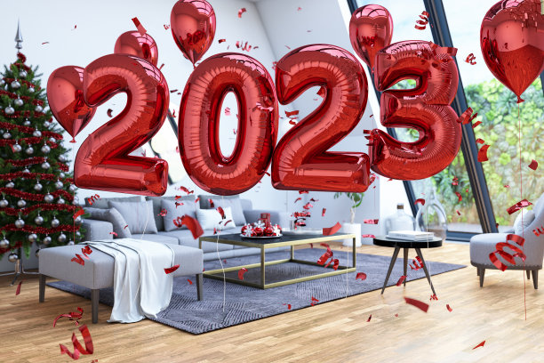 红色2023气球的新年概念图片下载
