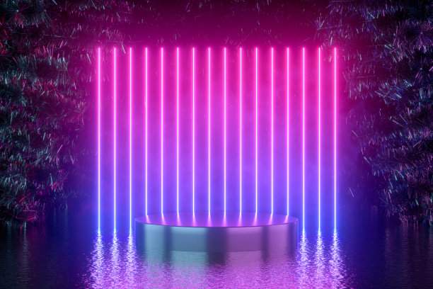 空的产品讲台上有圣诞树和霓虹灯图片下载