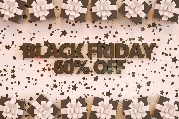 黑色星期五减价六折白色背景的礼品盒和装饰颗粒图片下载