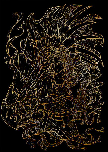 图形纹理插画与幻想亚洲龙和武士漫画男孩图片下载