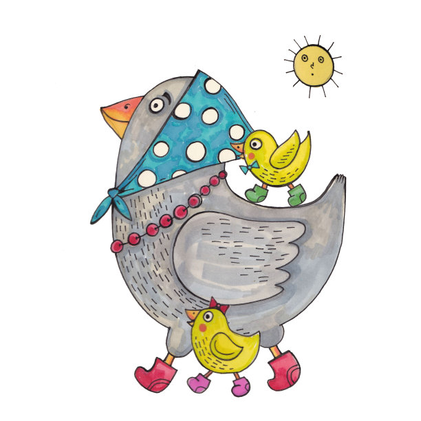儿童插画的鸡和鸡，卡通画的鸡在围巾图片下载