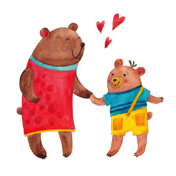 两只熊妈妈和小熊。一只熊和一只熊宝宝的儿童插画图片下载