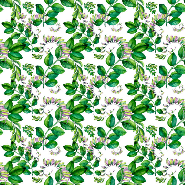 多色弯枝带绿色，叶水彩粉红无缝图案孤立。图片下载