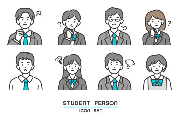 简单易用的矢量插图的学生的脸图标在西装制服/制服/高中生/初中生/补习班图片下载