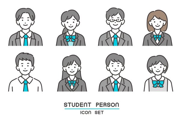 简单易用的矢量插图的学生的脸图标在西装制服/制服/高中生/初中生/补习班图片下载