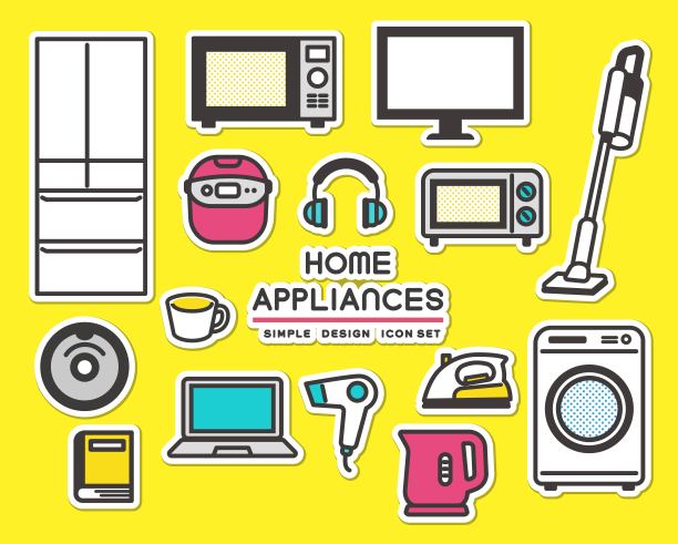 贴纸风格的可爱，简单易用的矢量插画，展示各种家电/移动/新生活图片下载