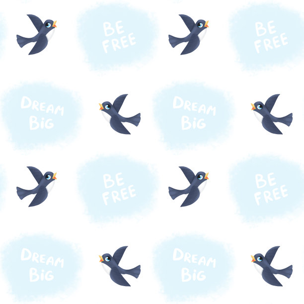 可爱的孩子气的图案与飞翔的小鸟，天空，励志短语。儿童插图。对儿童墙纸。面料、纸张、商品设计图片下载