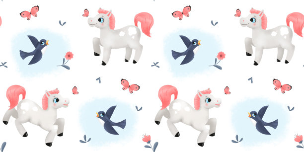 可爱的儿童图案，有趣的马，鸟，花，蝴蝶。儿童插图。对儿童墙纸。面料、纸张、商品设计图片下载