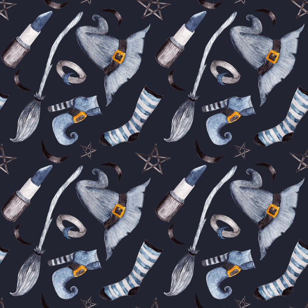 明亮的水彩图案与女巫元素，扫帚，帽子，鞋子，袜子，口红，戒指在黑暗的背景。图片下载