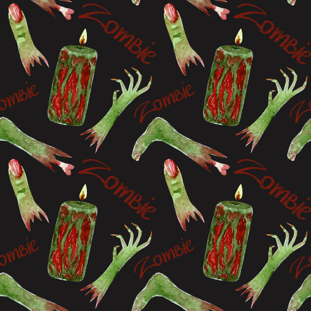 万圣节的水彩图案，僵尸元素，蜡烛，深色背景上的红字。图片下载