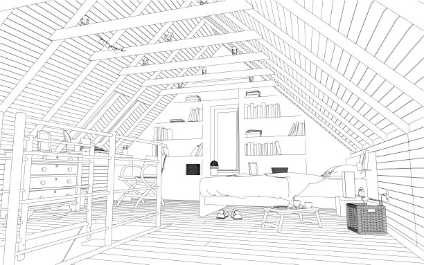 屋顶卧室的内部轮廓由白色背景上孤立的黑线构成。透视图。矢量插图。图片下载