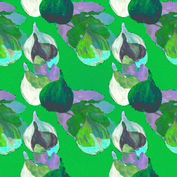 现代背景的紫色无花果水果和叶子在翠绿色的背景。无缝模式与水果剪影在霓虹灯的颜色图片下载