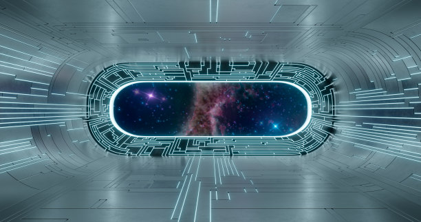 3 d渲染。带有霓虹灯的未来科幻实验室或宇宙飞船走廊。图片下载