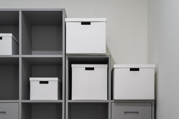 储物箱放在储藏室的灰色架子上。图片下载