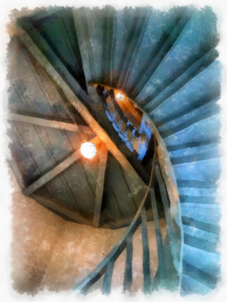 景观木螺旋楼梯在古建筑水彩风格插图印象派绘画。图片下载