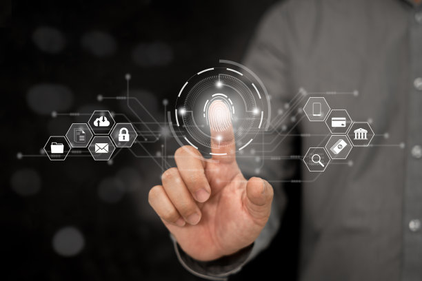 安全未来技术个人信息虚拟屏幕，商人扫描指纹，互联网控制论，允许访问安全和识别的大数据库和计算机图片下载