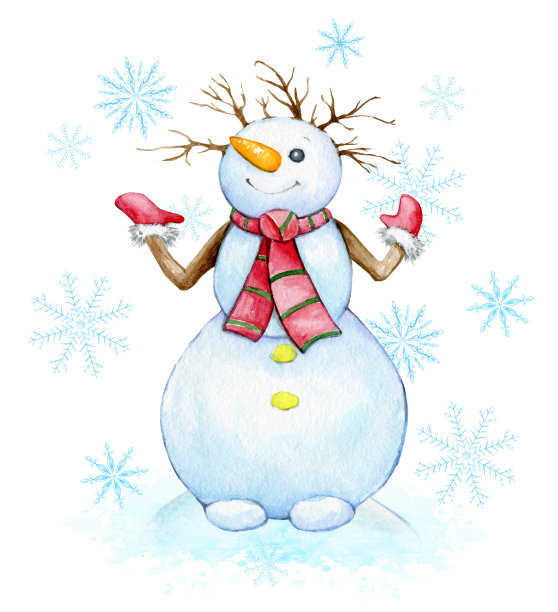 雪人，圣诞树，水彩新年剪辑艺术，卡通风格，但孤立的背景。图片下载