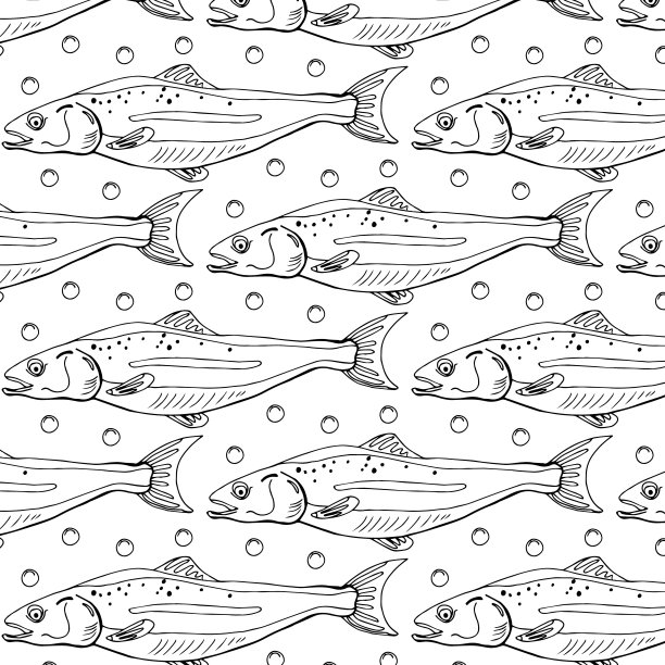 鱼三文鱼牛排无缝模式。彩色三文鱼牛排背景。新鲜鳟鱼手绘图案图片下载
