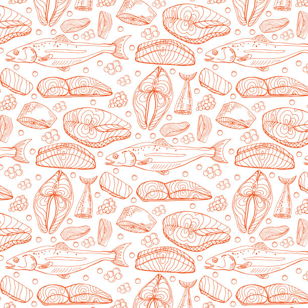 鱼三文鱼牛排无缝模式。彩色三文鱼牛排背景。新鲜鳟鱼手绘图案图片下载