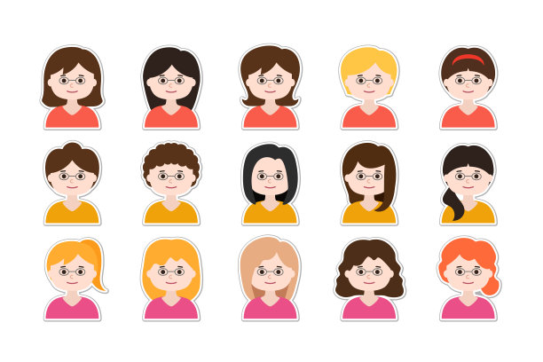 头像图标集的女人的脸与眼镜和边界图片下载