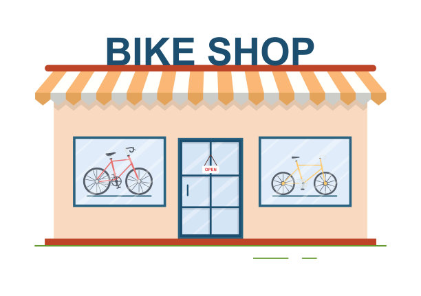 自行车商店与购物者，人们选择自行车，配件或齿轮设备骑在模板手绘卡通平面插图图片下载