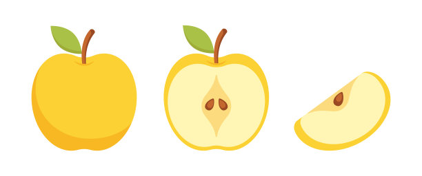 黄苹果卡通套装。整块，半块和一块。图片下载