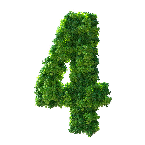 第四,字母。用修剪路径隔离的绿色植物数量。3d插图。树叶，草，苔藓，罗勒，薄荷。图片下载