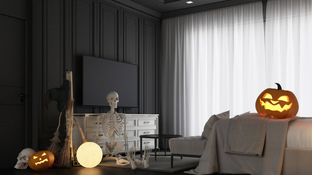万圣节派对海报在现代经典鬼屋卧室与南瓜灯南瓜。满月的灯，女巫的坩埚，蜘蛛网和地板上的头骨。3 d渲染图图片下载