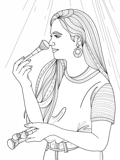年轻的女孩长发与刷子做她自己的化妆插画涂鸦风格，时尚的公主涂色书，儿童和成人涂色页图片下载