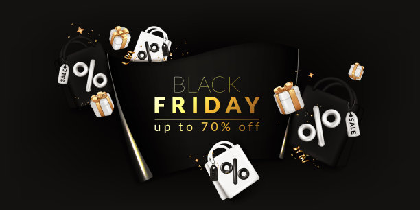 “黑色星期五”的概念。带纸横幅的卡片，礼品盒，购物袋，彩带和五彩纸屑。图片下载