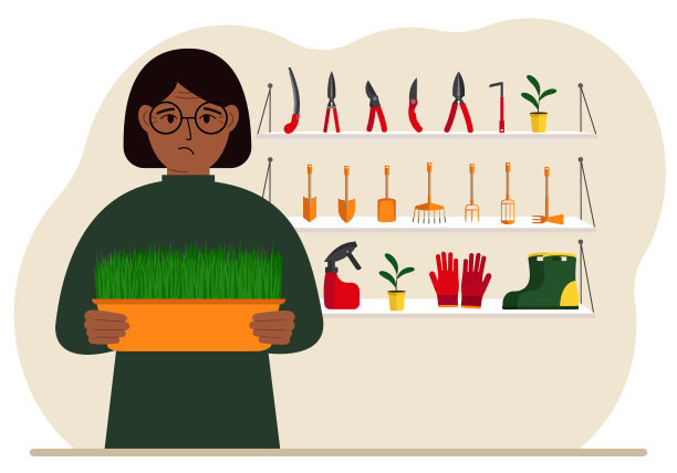 一名妇女手里拿着一株植物，背景是园艺工具。园艺的概念。图片下载