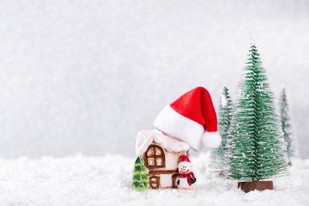 圣诞老人帽子在乡村房子在银色背景与新年云杉树在雪图片下载