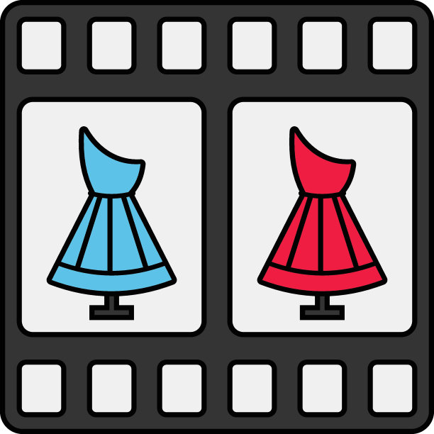 回顾记录的图像矢量颜色图标设计，集合和在时尚符号，服装和服装标志，时装表演和展览库存插图，预览图像在相机卷概念图片下载