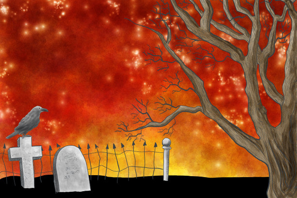 墓地上方的万圣节水彩夜空图片下载