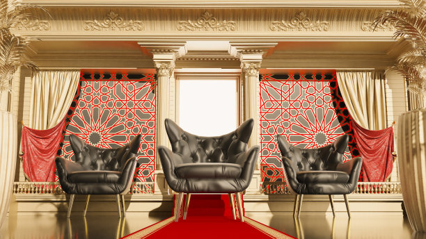 红地毯通向一张黑色扶手椅，扶手椅上有金色的支柱，阿拉伯式的风格，图片下载