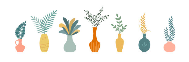 一套可爱的花卉和植物在花瓶。手绘图片下载