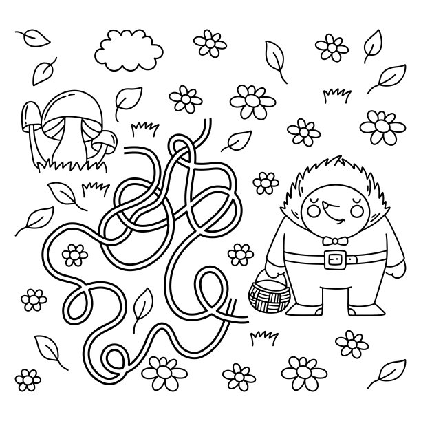 迷宫或迷宫游戏。谜题。错综复杂的道路。画页大纲的卡通小刺猬与篮子和蘑菇。儿童填色书。图片下载