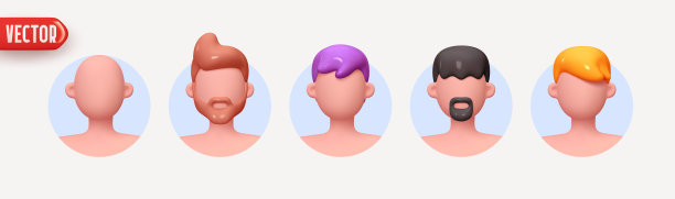 人阿凡达的脸。图标的用户。男人和男孩的特写脸，圆形框架，胡子，没有情绪。套人快乐快乐。卡通风格的逼真3d设计。矢量图图片下载