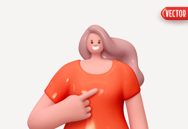 快乐开朗的年轻女子摆出竖起大拇指的手势。年轻帅气的女孩穿着休闲装。现实的卡通人物。近距离观察3d人。矢量图图片下载