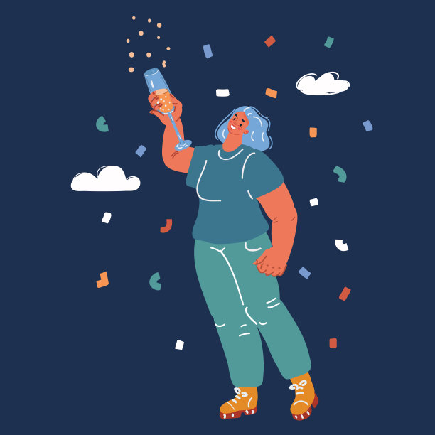 带着一杯香槟微笑的女人的卡通矢量插图图片下载