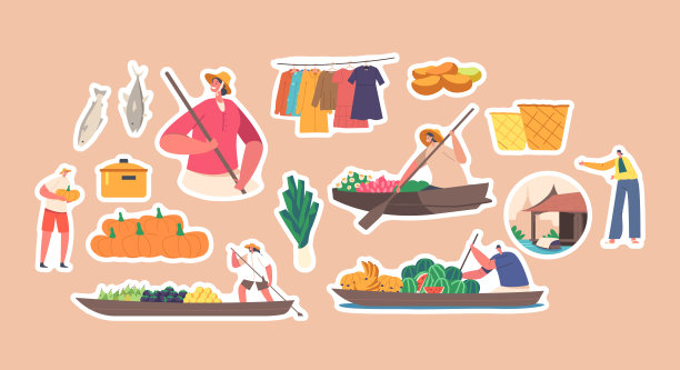 泰国浮动市场的一套贴纸。在划桨的船上戴草帽的女售货员。人们购买商品图片下载