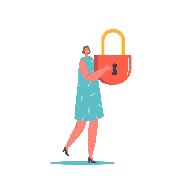 小小的女性角色，手里拿着巨大的挂锁，孤立在白色背景上。身份信息图片下载