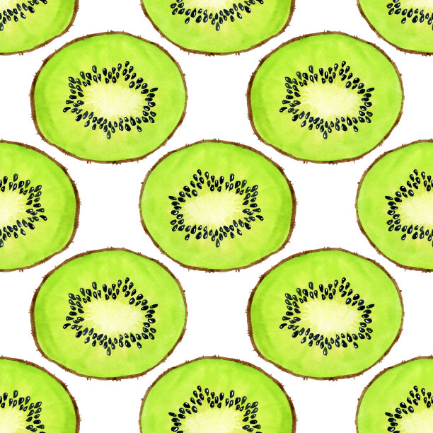绿色水彩猕猴桃片无缝图案。逼真的植物水彩背景插图。新鲜的异国情调的热带食物手绘壁纸图片下载
