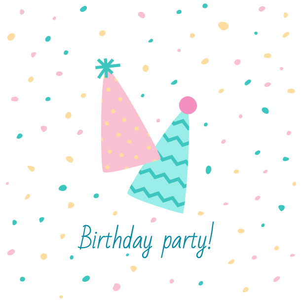 可爱的生日快乐卡片上有五颜六色的节日帽子和五彩纸屑图片下载